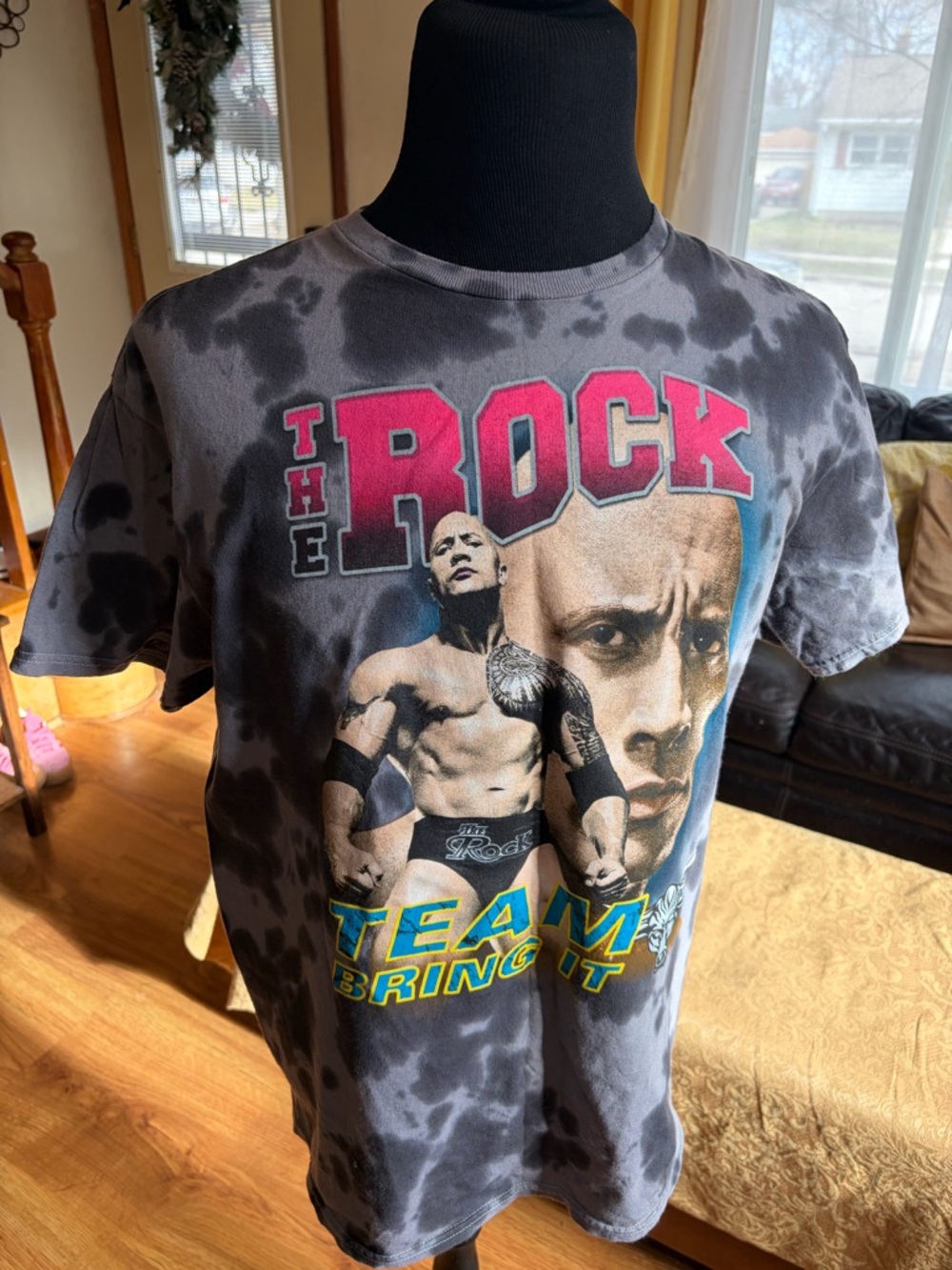 WWE The Rock Tie-Dye Crewneck T-Shirt - Black, Pink, Yellow, Blue